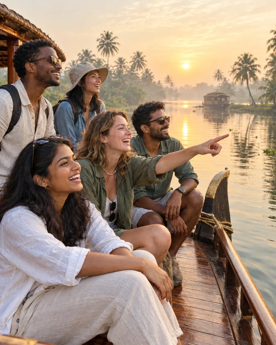 A group of friends laughing and pointing at the view from a Kerala houseboat at sunrise