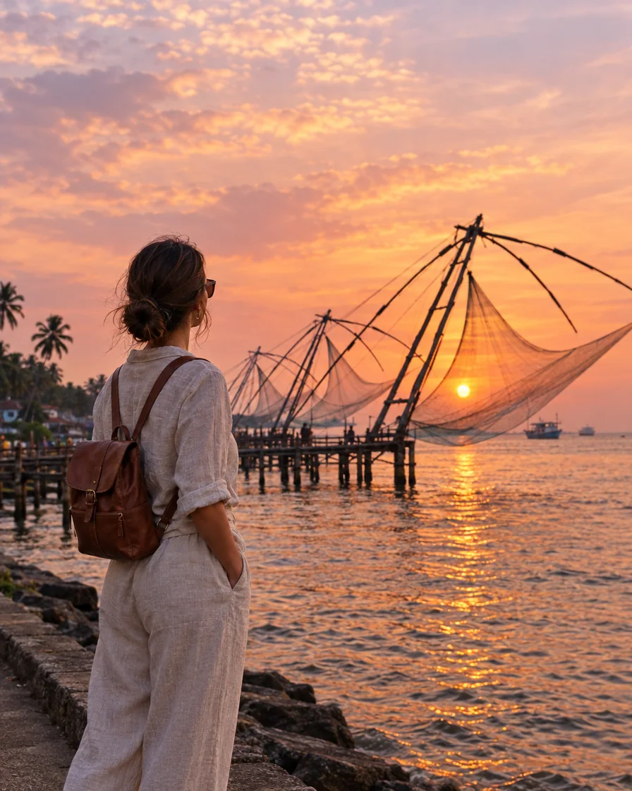 A traveller watching the Chinese fishing nets of Fort Kochi at a golden sunset