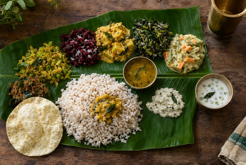 A Kerala-style vegetarian meal served on a banana leaf