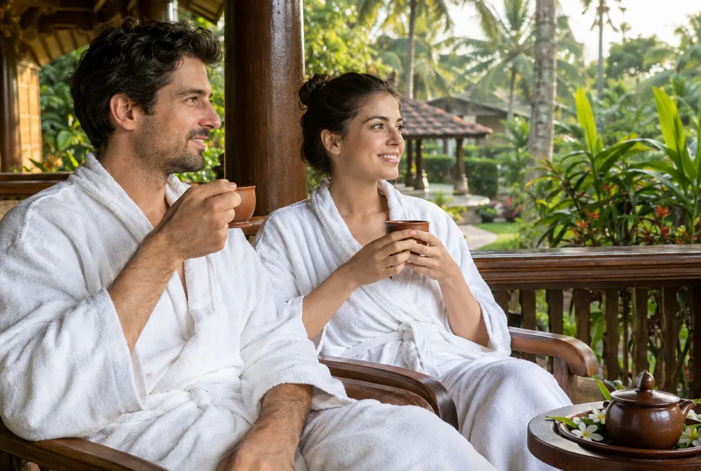 A couple enjoying herbal tea on a wooden veranda