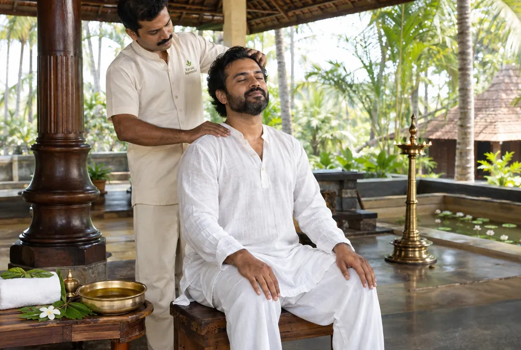 A man receiving a calming head and shoulder massage