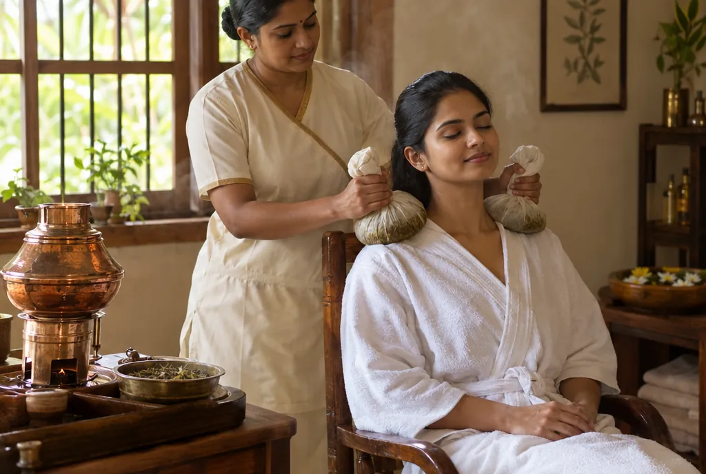 A therapist presses warm herbal pouches on a woman's shoulders
