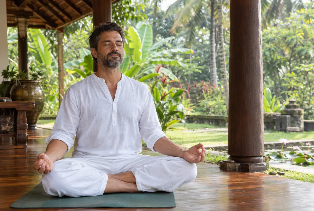 A man meditating on a quiet wooden veranda surrounded by greenery
