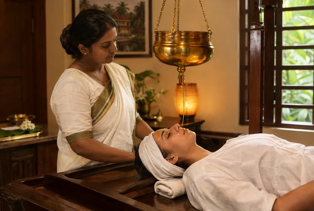 A woman receiving Shirodhara in a calm treatment room