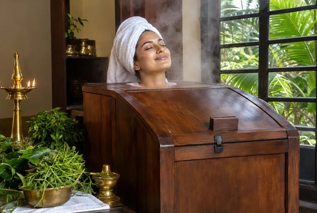 A woman relaxing in a traditional wooden herbal steam cabinet
