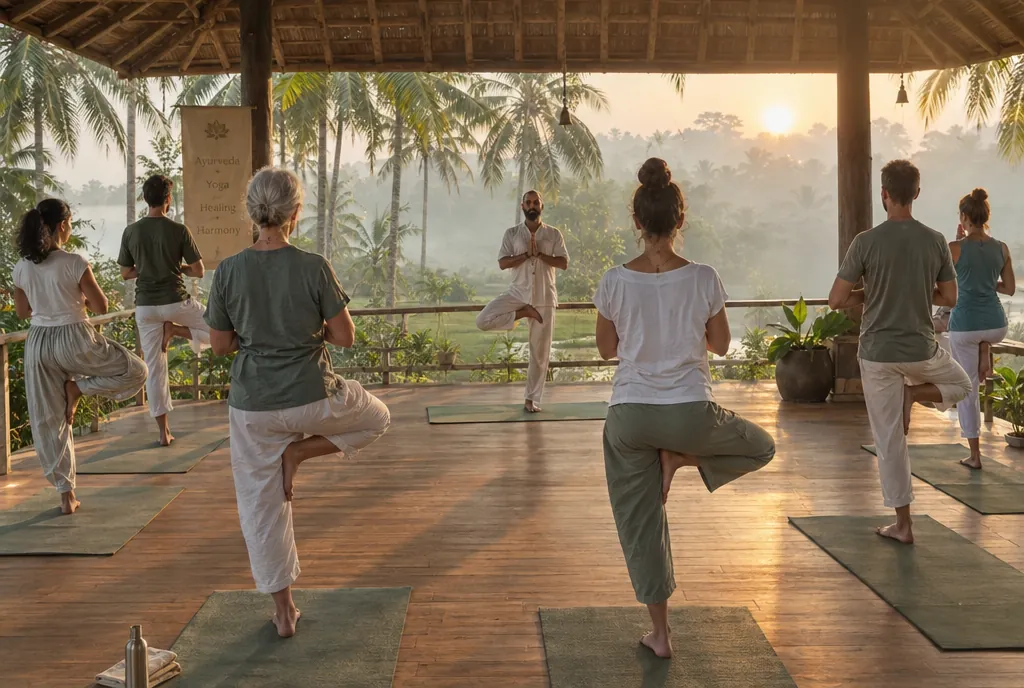 Men and women practising morning yoga on an open-air pavilion among coconut palms