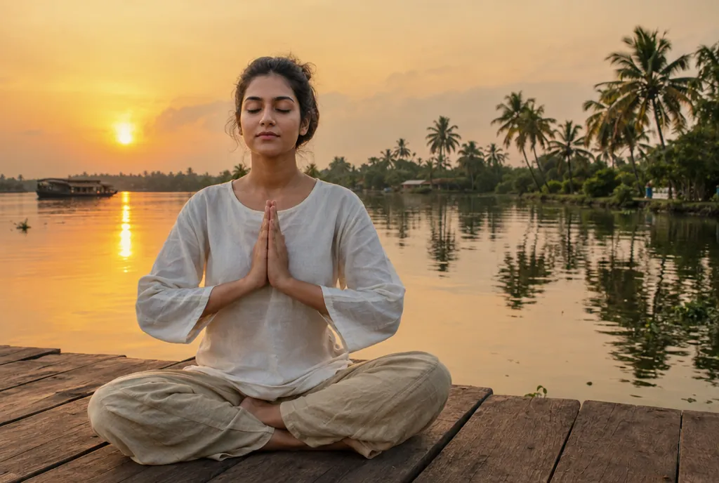 A woman in a seated yoga pose beside the Kerala backwaters at sunrise