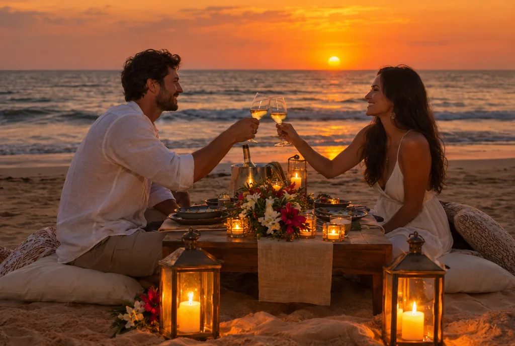 A candle-lit dinner for two on a Goa beach at sunset