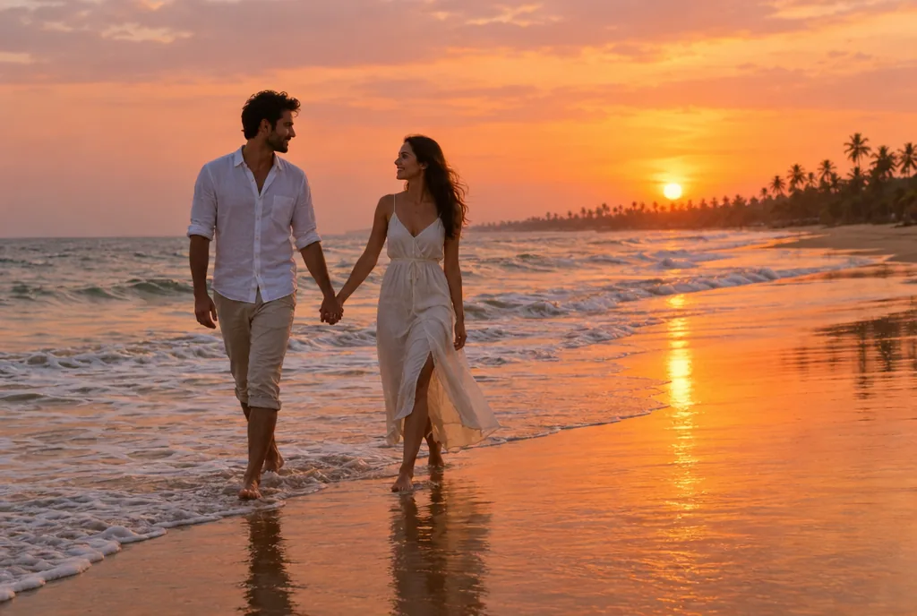 A couple walking hand in hand along a Goa beach at sunset