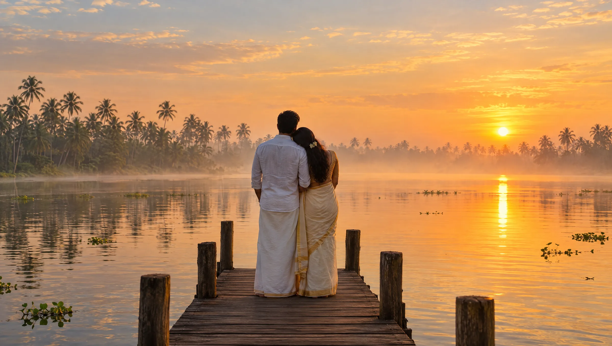 A honeymoon couple on a wooden jetty over the Kerala backwaters at sunrise