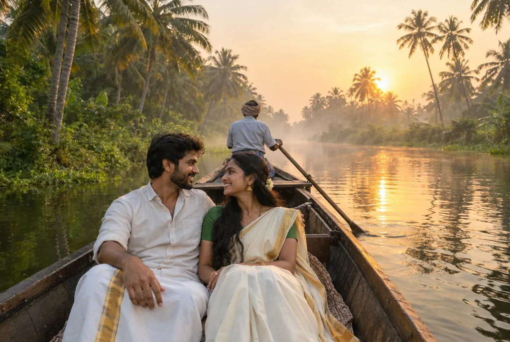 A honeymoon couple in a traditional canoe on a Kerala backwater canal at sunrise