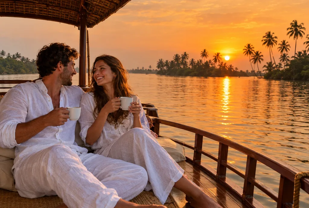 A couple sharing tea on a houseboat deck at sunset