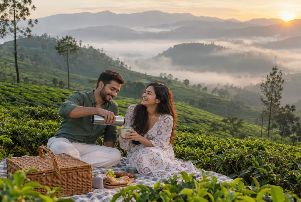 A couple sharing a morning picnic among the tea plantations of Munnar