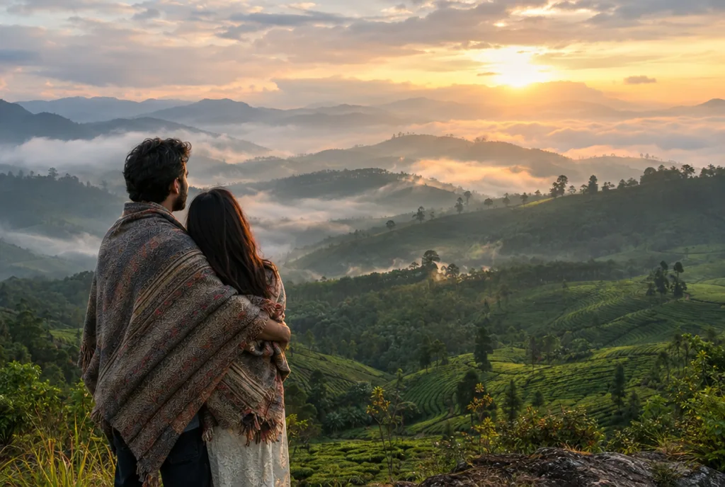 A couple wrapped in a shawl above the misty hills of Munnar