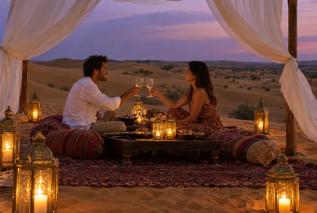 A candle-lit dinner for two on the dunes at dusk