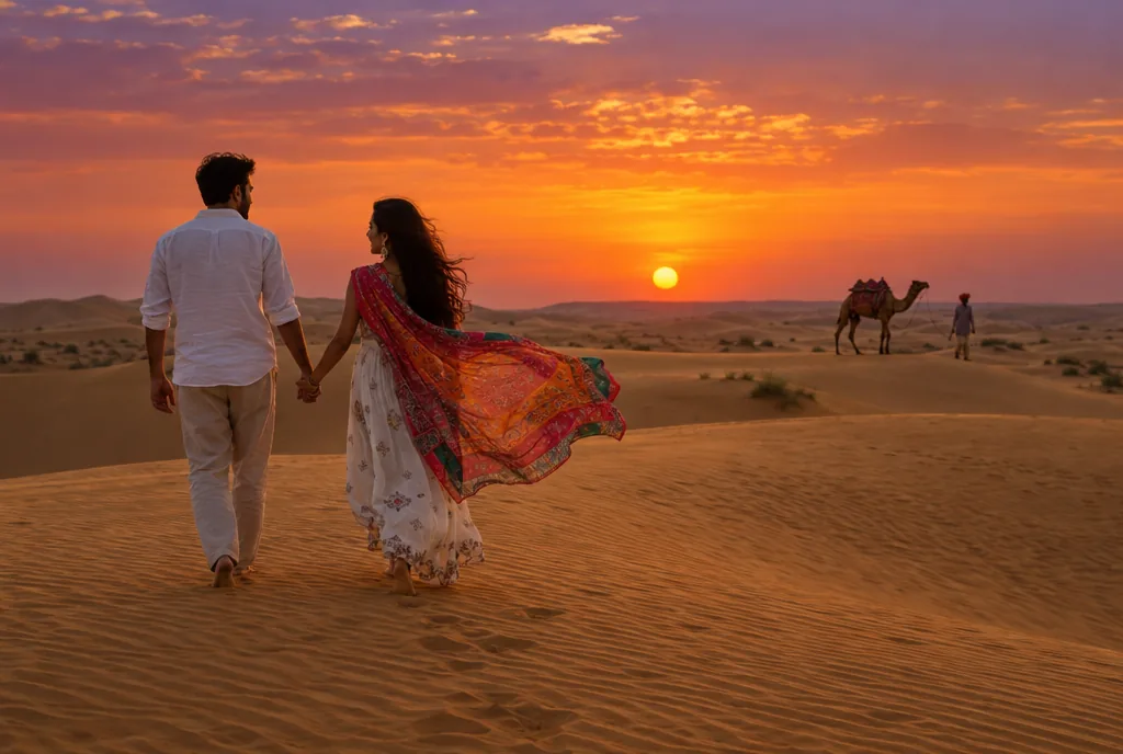 A couple walking across golden desert dunes in Rajasthan at sunset