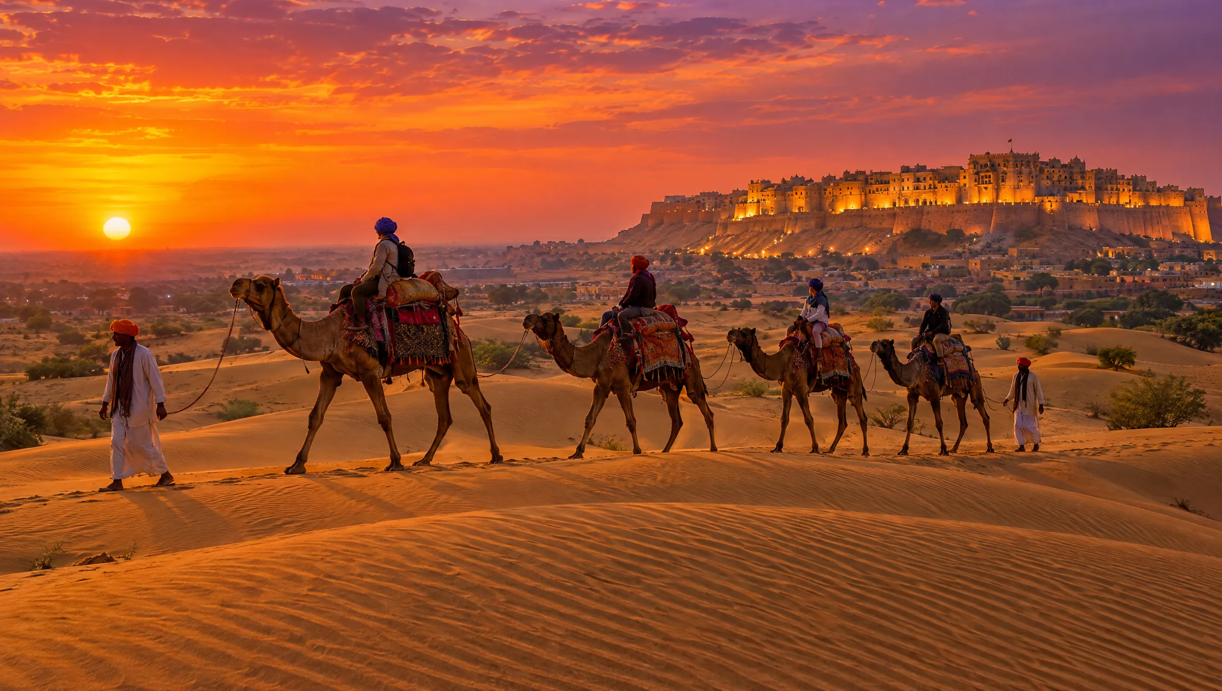 A camel caravan crossing golden dunes toward Jaisalmer Fort at sunset